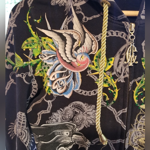 Small Christian Audigier Hoodie zip up Sweatshirt top Ladies Panther Black Gold - Picture 4 of 16